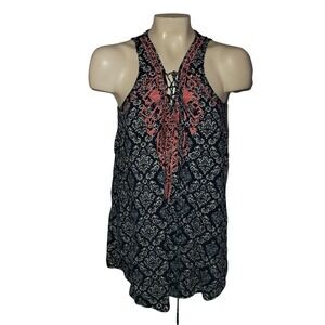 Flying Tomato Navy White Floral Lace Up Neck Sleeveless Tunic Top M embroidered
